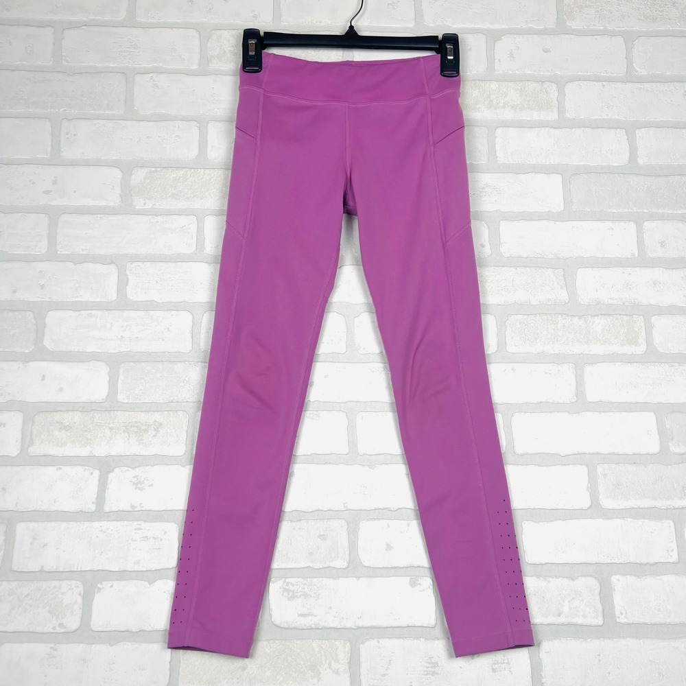 Athleta Girl Purple Performance Leggings with Pockets and Laser Cut Details L 12